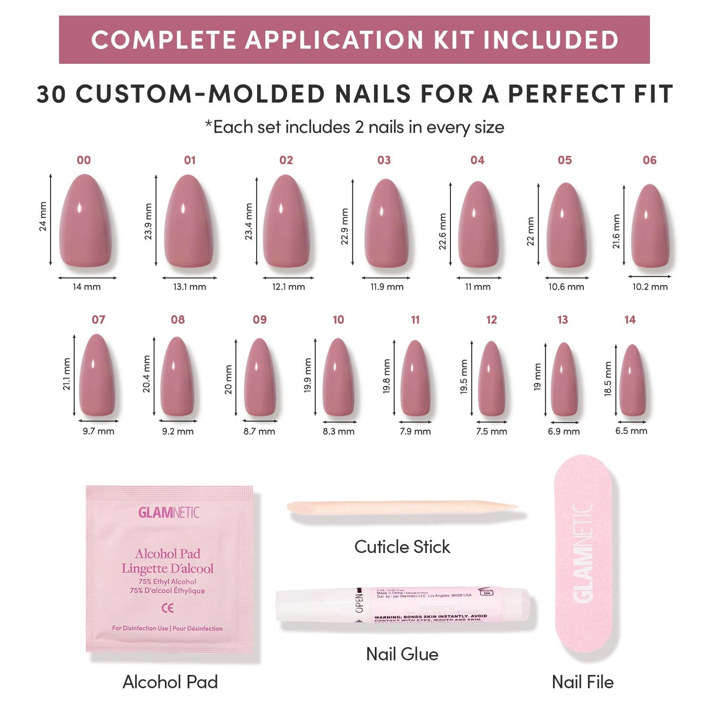 Glamnetic Press On Nails - Medium Almond Fake Nails, Muted Mauve Purple Nails, Mauve Wife | 15 Sizes - 30 Nail Kit with Glue