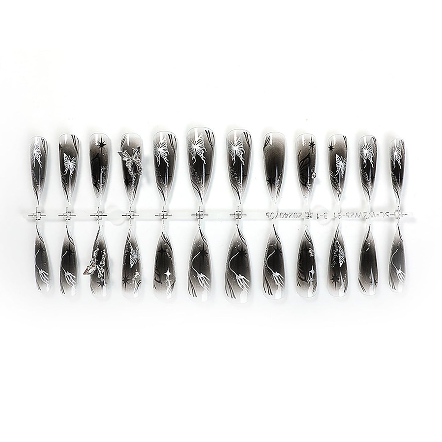 24 Pcs Almond Press on Nails Long Fake Nails with 3D Butterfly Nail Charms Nude Black False Nails with Design Glitter Artificial Nails Glossy Full Cover Glue on Nails Stick on Nails for Women Girls