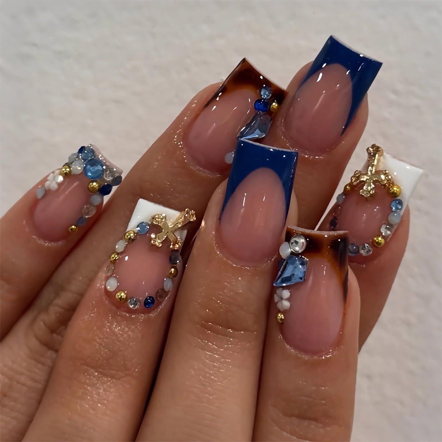 BABALAL Punk Press On False Nails Short Square Fake Nails Fall Cheetah Glue ons Blue White French Tip Acrylic Nails with Cross Charm 24Pcs Gothic Squoval Full Cover Handmade Supplies