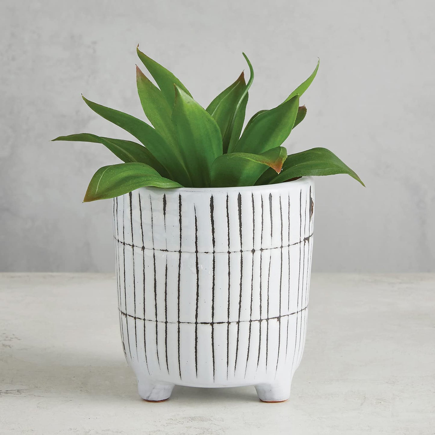 47th & Main Modern and Contemporary Footed White Terracotta Planter for Flowers Small Plants Succulents and More, 5.5" Tall, Stripes