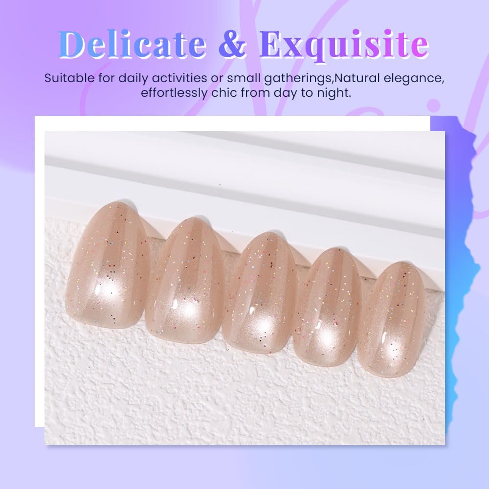 XZMeiLun Light Brown Press On Nails Short Oval Cute Shimmer Acrylic Fake Nails, Jelly Glossy Full Cover Glue on Nail For Reusable Fall Artificial Stick on Nails for Salon Quality Nail Women 24 Pcs