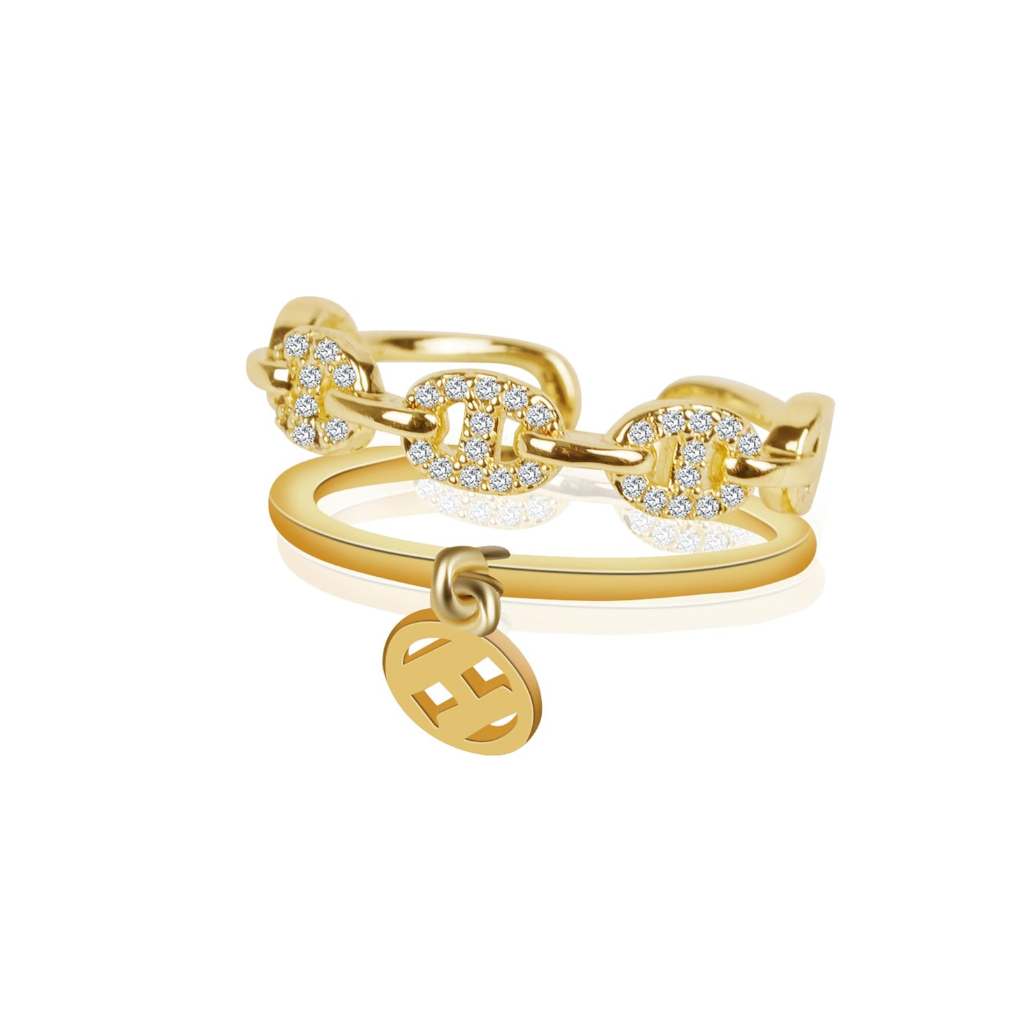 JONAYUOV 18K Gold Plated H Link Cubic Zirconia Diamond Open Ring Adjustable Double Band Stackable Statement Ring with Dangling H Charm for Women, Size 6-10