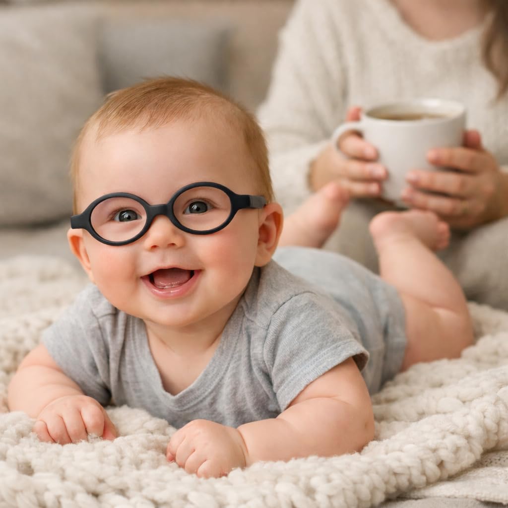 Geborilma Cute Baby Glasses 0-6 Months - XXS Round Infant Glasses with Strap - Clear Lens Newborn Spectacles