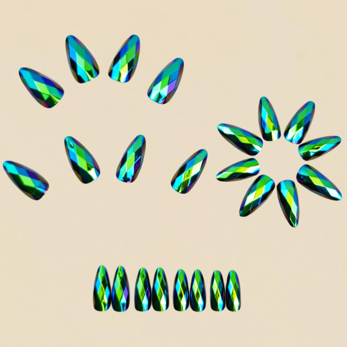 RUOKEXIN Almond Press on Nails Medium Length Fake Nails Green Chrome False Nails with 3D Rhombus Designs Full Cover Nail Press ons Sparkly Artificial Nails for Women 24Pcs