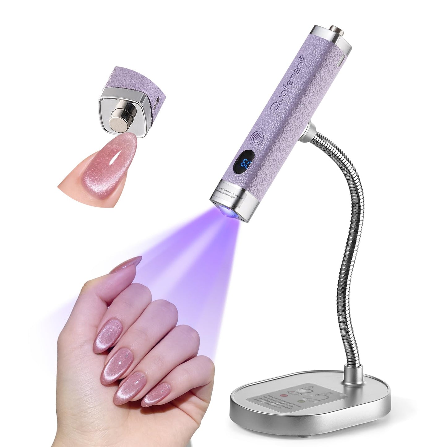 Quaferen Mini Handheld UV Light for Gel Nails with Stand, Rechargeable Flash Cure Nail Lamp with Auto Sensor, Cat Eye Magnet for Fast Drying at Home Salon (Purple)