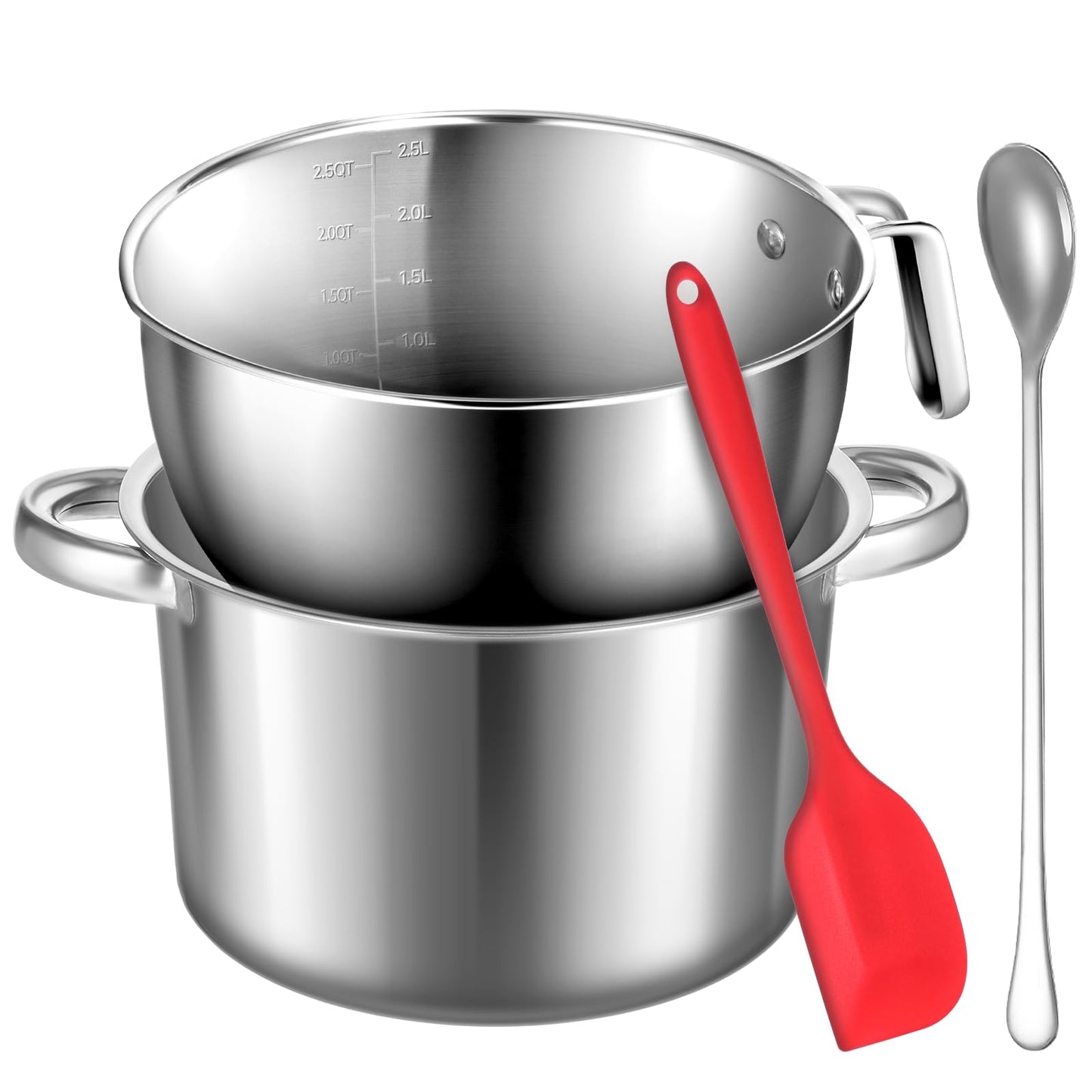 BOHUIZ 304 Stainless Steel Double Boiler with Spatula and Spoon, 4.2QT Dual-Handle Pot 2.6QT Melting Bowl with Scale and Handle Stackable Water Bath Melting Pot Set for Chocolate, Butter, Sugar, Wax