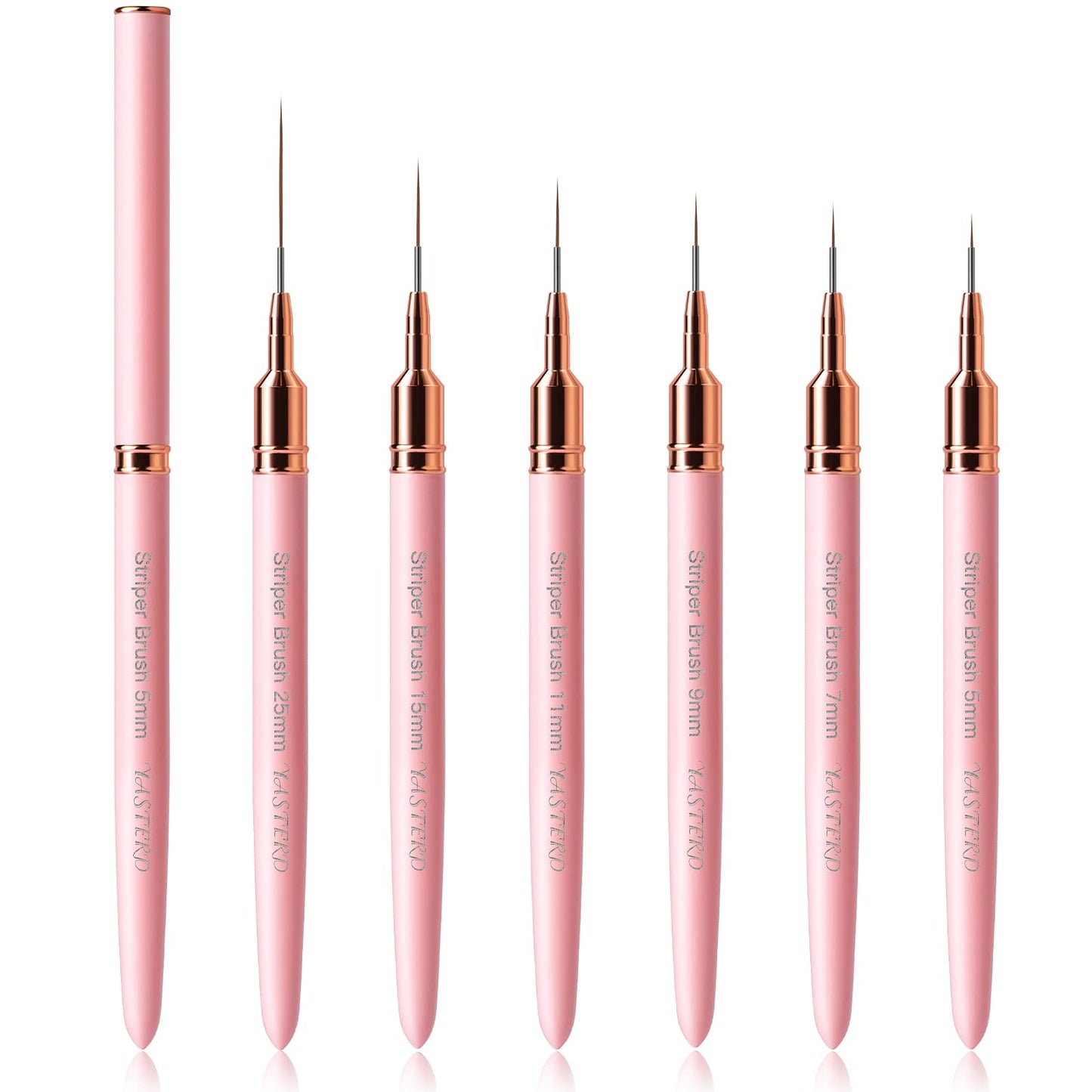 Yasterd Pink Metal Handle Nail Art Brushes, 6pcs Striper Set for Long Lines, Thin Details, Fine Drawing, Delicate Coloring, Elongated Lines, Sizes 5/7/9/11/15/25mm