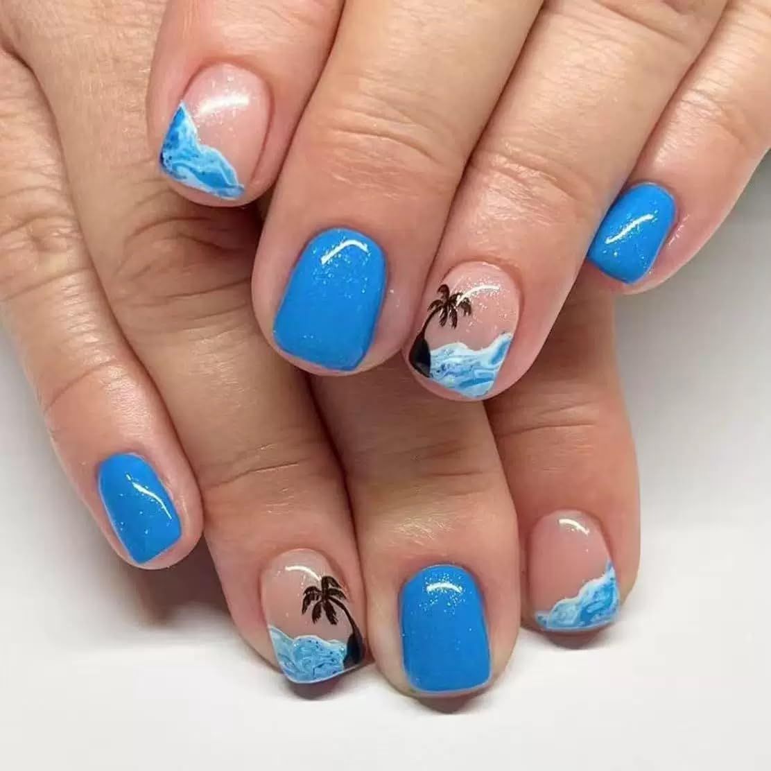 Summer Press On Nails Square Fake Nails Sea With Coconut Tree Glitter Design Short False Nails Full Cover Blue Acrylic Glue On Nail Artificial Glossy Reusable Stick On Nail For Women 24pcs