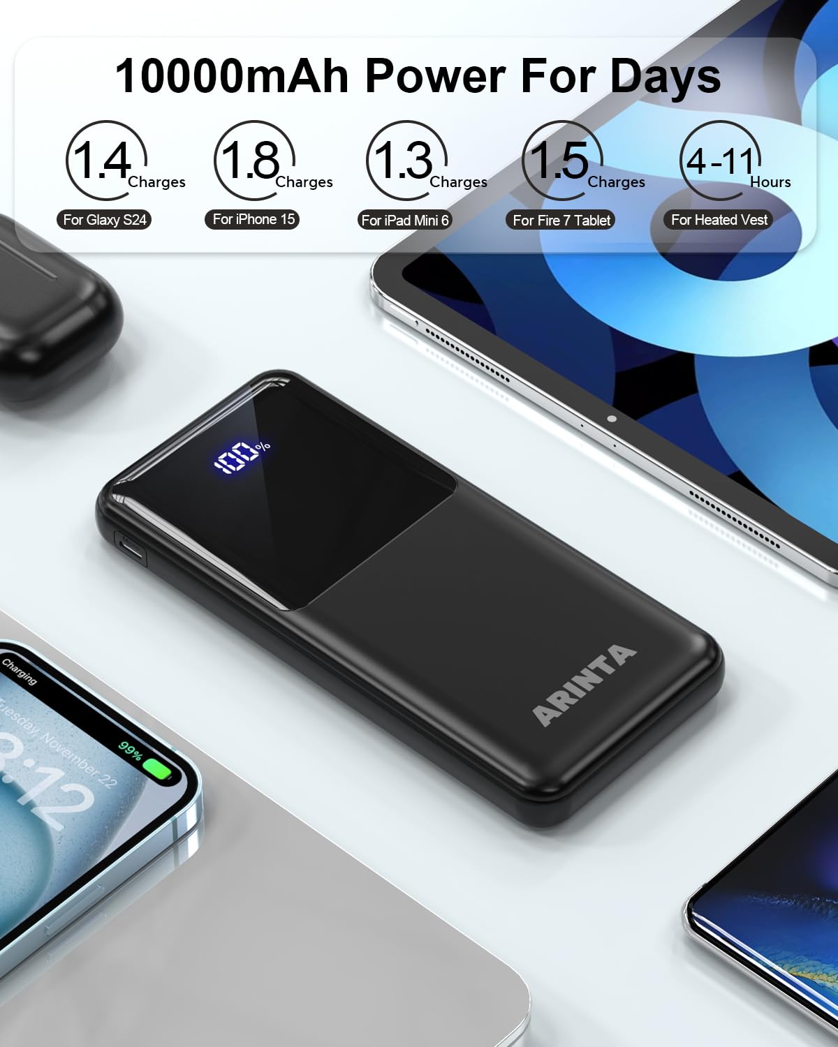 ARINTA Power Bank Portable Charger 10000mAh PD 22.5W Battery Pack, LED Display & USB-C in/Out, Travel Essentials, Compatible for Smartphones, Tablets & More (Black)