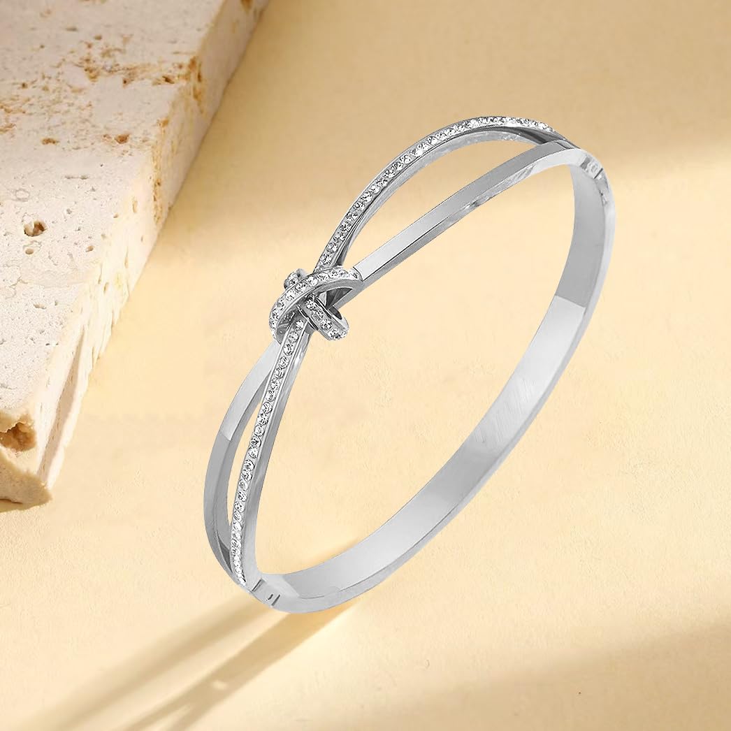 Bow Bangle Bracelet for Women Personalized Cubic Zirconia Stainless Steel Cross Bracelets Oval Butterfly Knot Bangles Bracelets Gifts for Love, Small