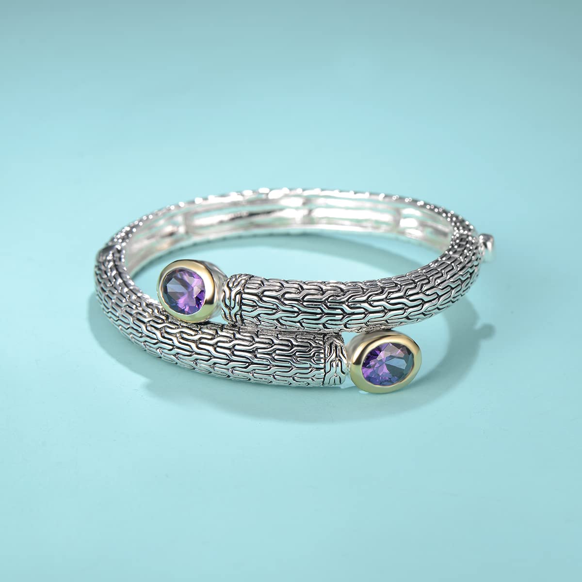 UNY JEWEL Jewelry Multi Strand Foxtail Chain Woven Pattern Inlay 8 by 10 Oval CZ Vintage Antique Two Tone Elegant Designer Inspired Unique Box Tongue Clasp Bangle (Peridot)