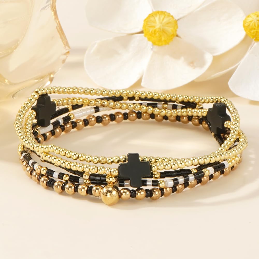 Bohxantium Gold Cross Beaded Bracelets Stack for Women, Black Boho 5PCS Stackable Stretch Set with 14K Gold Beads Waterproof Non Tarnish Jewelry for Beach Summer Party Christian Faith Friendship Gift