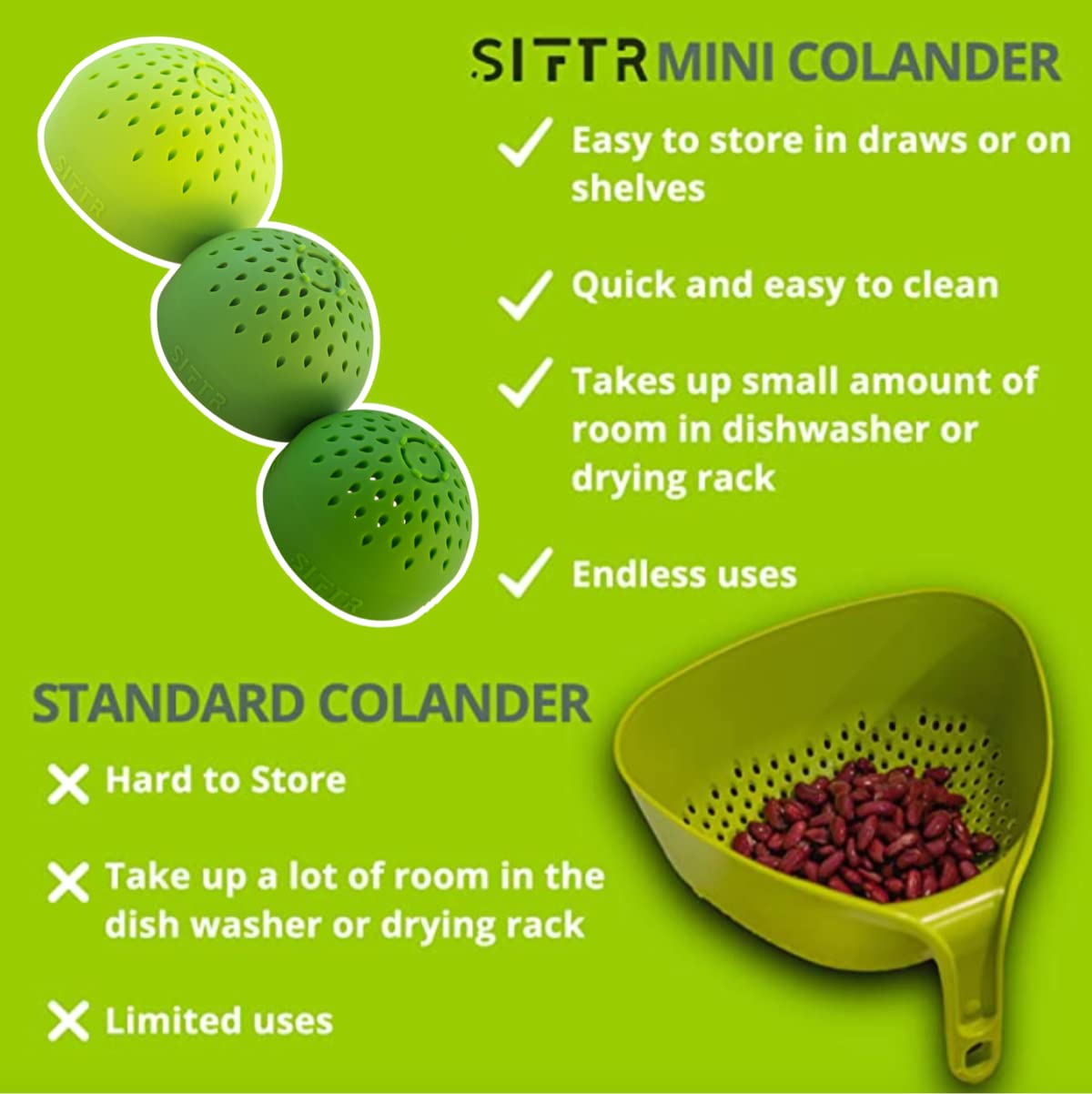 SIFTR (GREEN) Nesting Can Strainer Mini Colander Set - Space Saving Small Colanders and Strainers - Multi Use Kitchen Gadget - Silicone Can Strainer