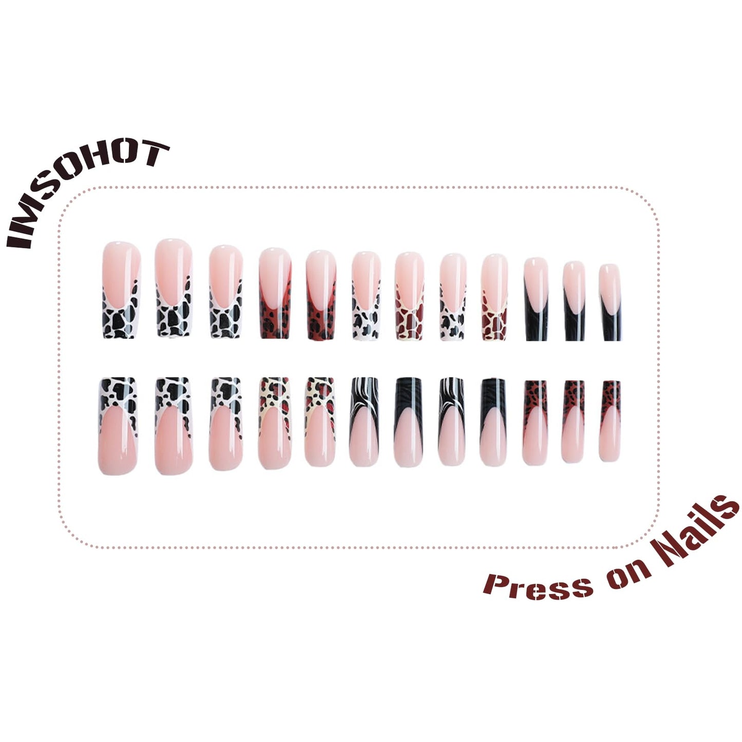 IMSOHOT Fall Press on Nails Long Square Fake Nails Glossy Brown French Tips False Nails with Zebra Stripes & Leopard Print Designs Full Cover Acrylic Glue on Nails for Women 24Pcs