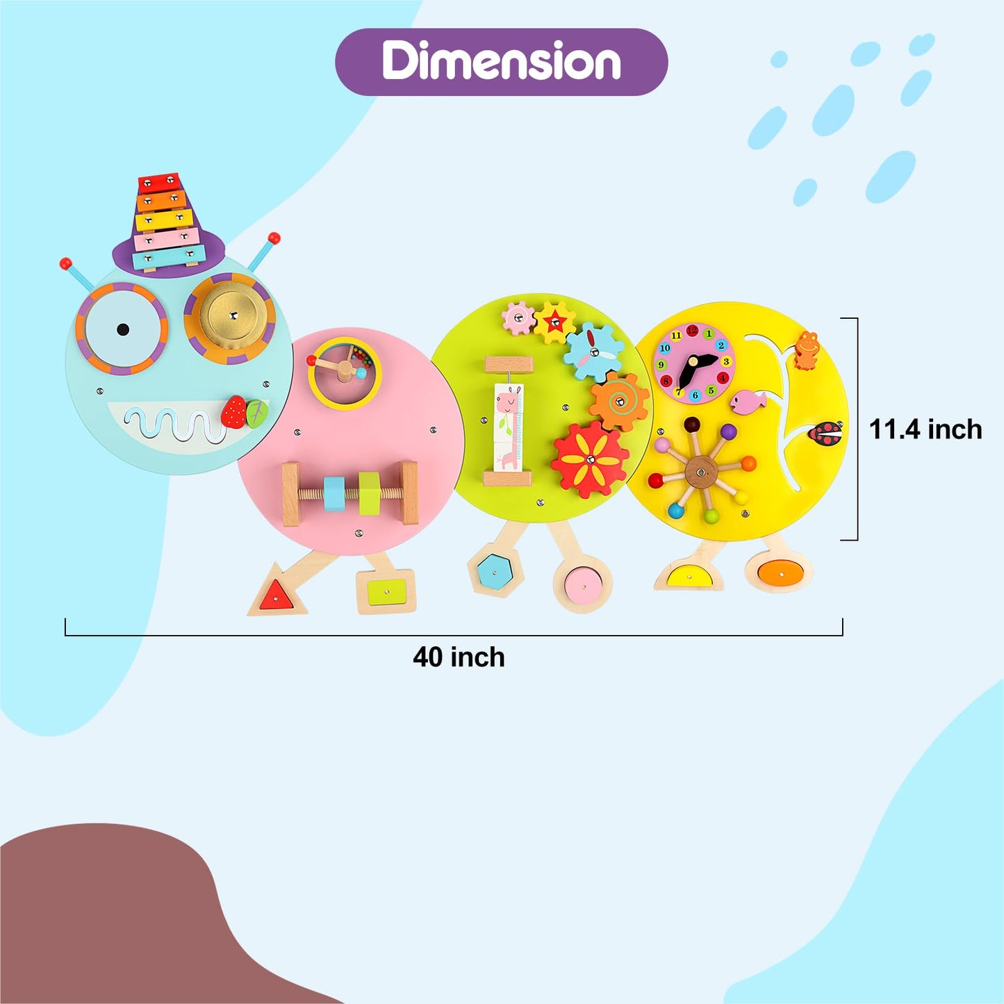 Sinpedex Caterpillar Activity Wall Busy Board for Kids:12 in 1 Sensory Wall Panel for Toddler,Wooden Montessori Educational Toys for Playroom Daycare Nursery Classroom