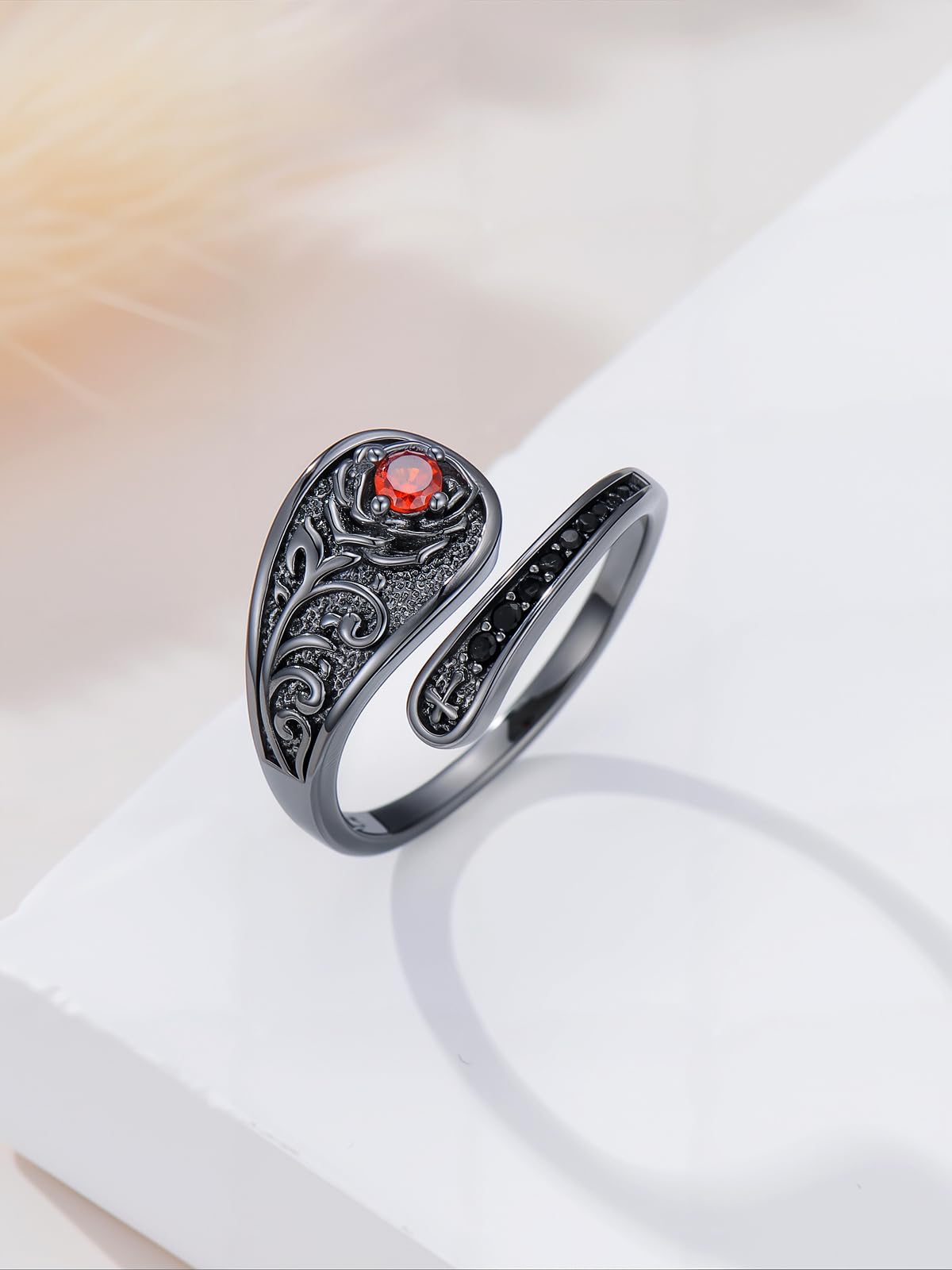 Midari Black Rose Cross Spoon Rings for Women 925 Sterling Silver Adjustable Cross Gothic Thumb Open Ring Gothic Ruby Jewelry Halloween Gifts for Women