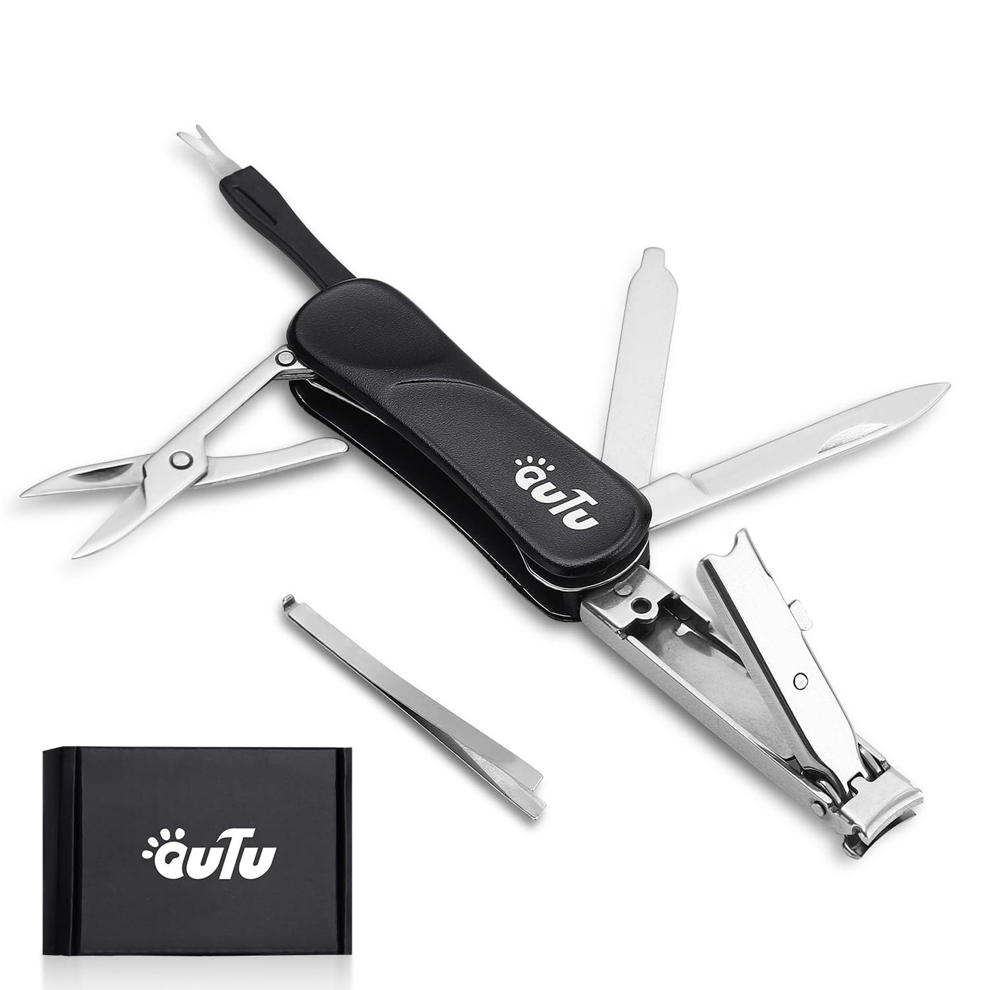 OUTU Keychain Nail Clippers Multitool, 7 in 1 EDC Utility Tool with Nail Clipper, Scissors, Gifts for Him Men Husband Dad Boyfriend (Black)
