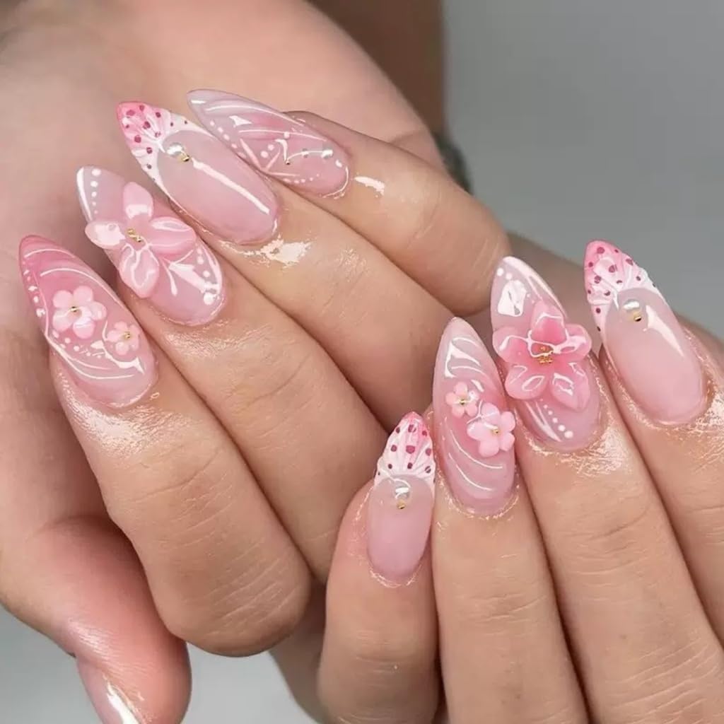 CTTHNBD Medium Press on Nails Almond - Pink Fake Nails with 3D Flower Design - Spring, Ombre False Nails Press ons - for Women 24 Pcs