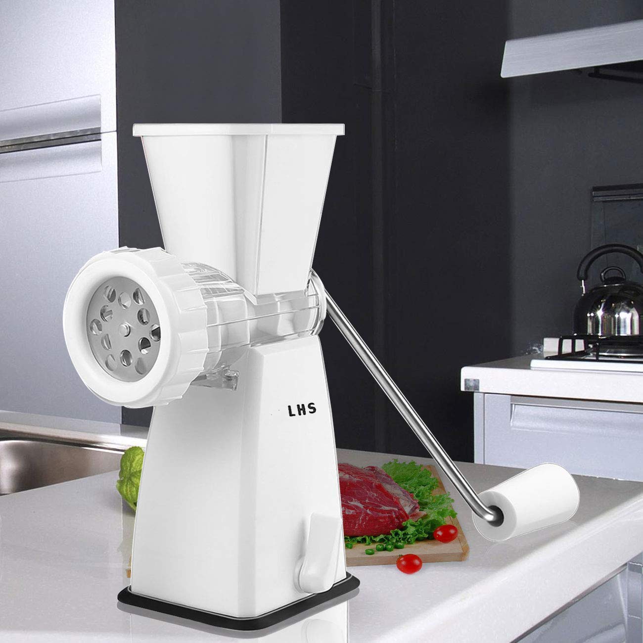 LHS Manual Meat Grinder with Stainless Steel Blades Heavy Duty Powerful Suction Base for Home Use Fast and Effortless for All Meats-White