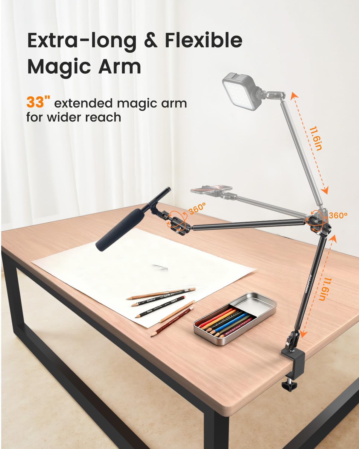 CAMBOFOTO 33" Magic Arm w Desk Clamp, Overhead Camera Mount, Desk Phone Mount, Articulating Extra-Long Friction Boom Arm w 1/4" Screw, for Phone, Mic, Light, Webcams, Action Camera (Light Black)