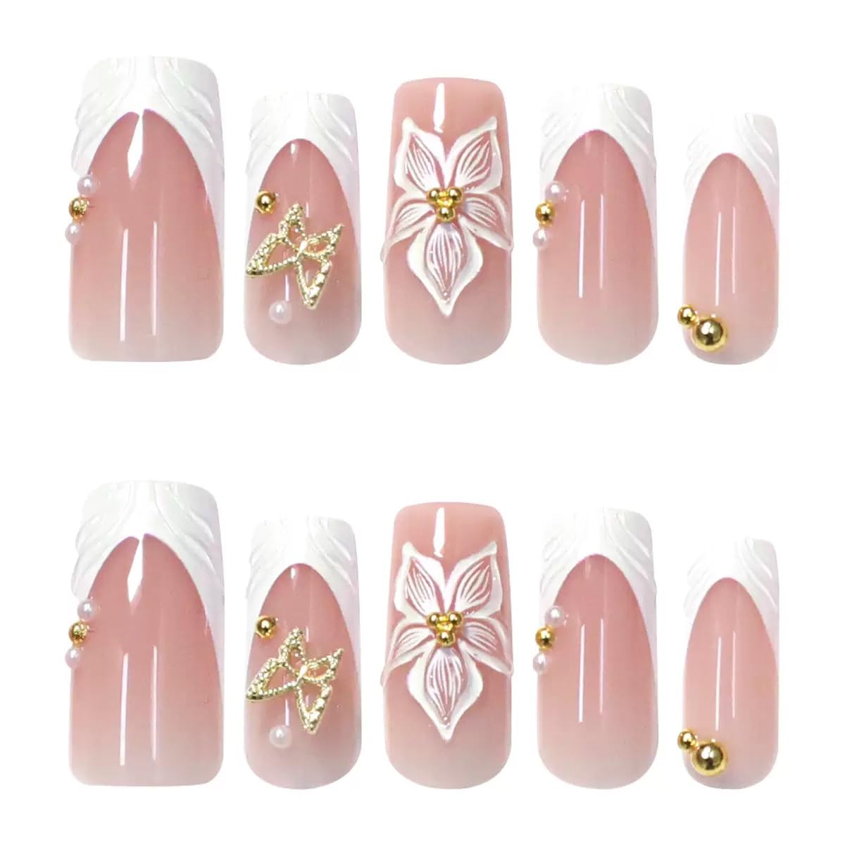 CTTHNBD Press on Nails Square - White French Tip Fake Nails with Flower Butterfly Design - Medium Long False Nails - for Women 24 Pcs