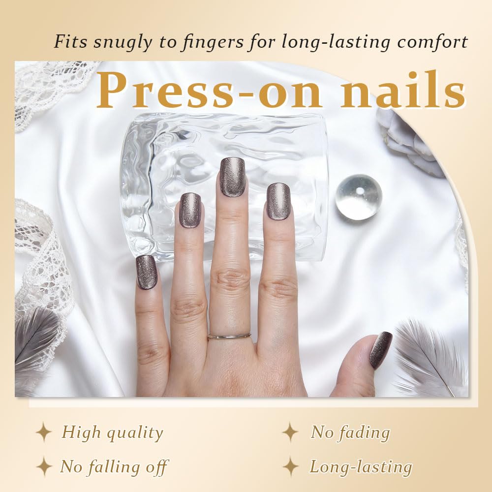 evpct Glitter Pearl Silver Cat Eye Press on Nails Square, Short Square Stick on Nails for Women Gift, Glitter Metallic Shimmer Silver Reusable Gel Press on Acrylic Fake Nail with Designs