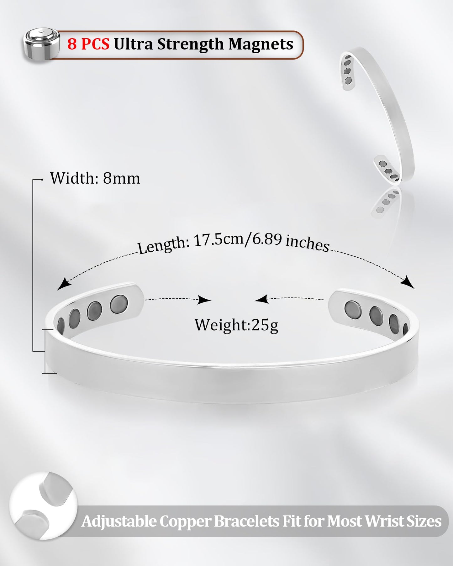 BioMag 2 Pcs Copper Bracelets for Women Men, 99.99% Pure Copper Cuff Bangle with 8 Pcs 3500 Gauss Magnets, Adjustable Size, Simple and Stylish Design