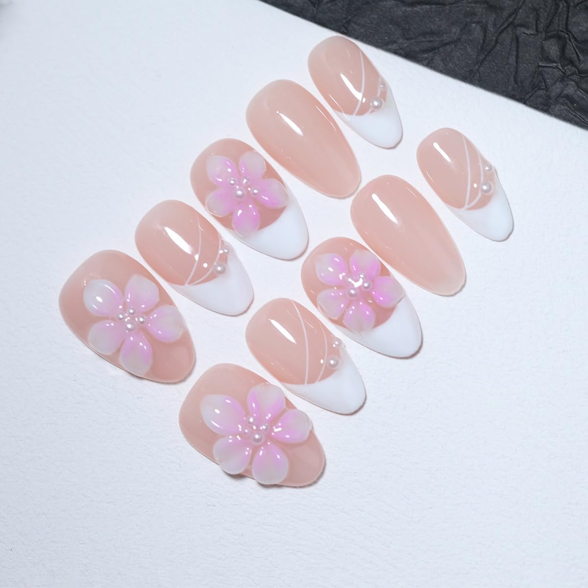 10Pcs Short Almond Handmade Press On Nails | Easy Apply & Remove, Reusable Salon Quality Nails | Elegant Nude Pink Fake Nails with 3D Floral & Pearl Accents (RR11, XS)