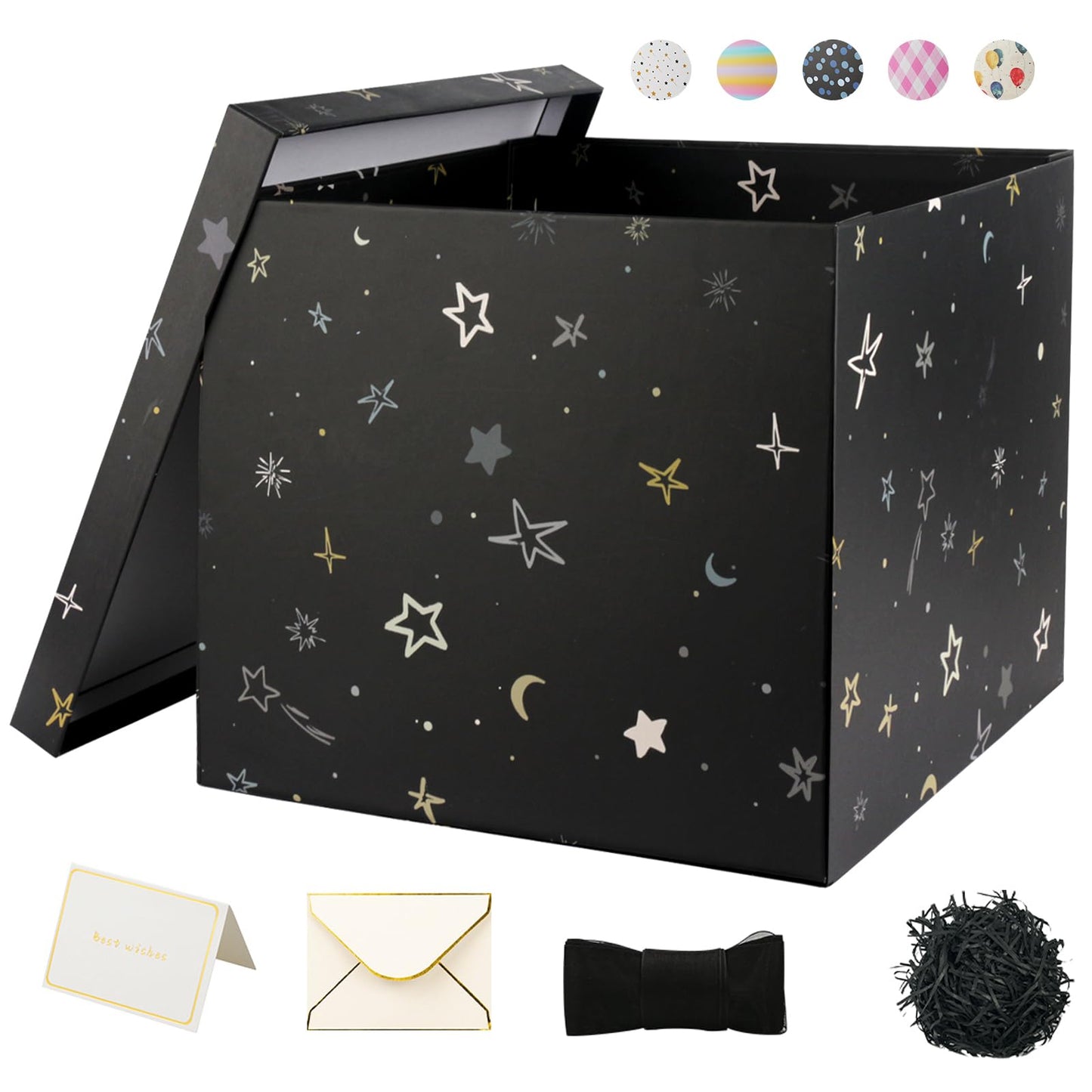 YINUOYOUJIA Large Gift Box 12x12x10Inches,Gift Boxes with Lids for Presents,Present Box,Birthday Box,Gift Packaging for Valentine's Day,Mother's Day,Christmas,Anniversaries.(Black Stars)