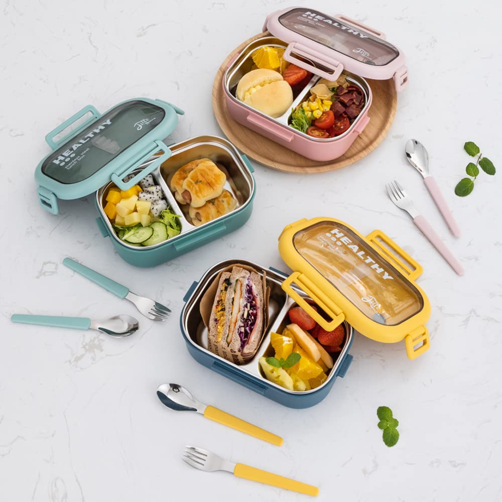 Lille Home 28oz Stainless Steel Leakproof 2-Compartment Bento Lunch Box/Portion Control Food Container with Lunch Bag and Cutlery Set, BPA Free