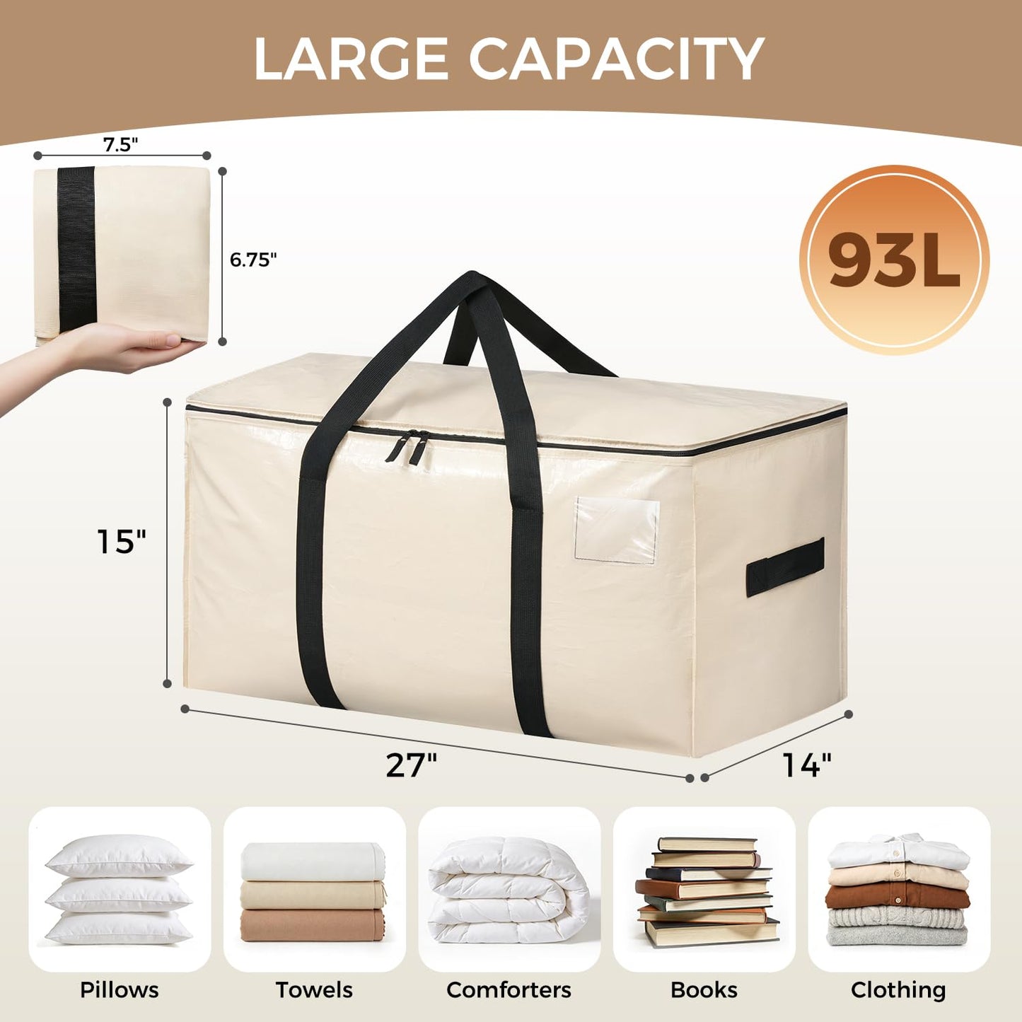 BAGAIL Heavy Duty Moving Bags with Strong Handle, Extra Large Moving Boxes, Storage Tote for Clothes, College Moving Supplies(Beige, 12 Pack)
