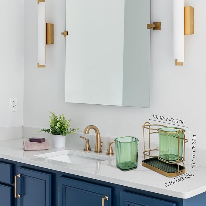 Green Toothbrush Holders for Bathrooms, Toothbrush Holders with Drain Tray, 2 Cups Tooth Brushing Holder, Bathroom Organizers and Storage Caddy Countertop for Toothpaste, Razors, Toothbrush