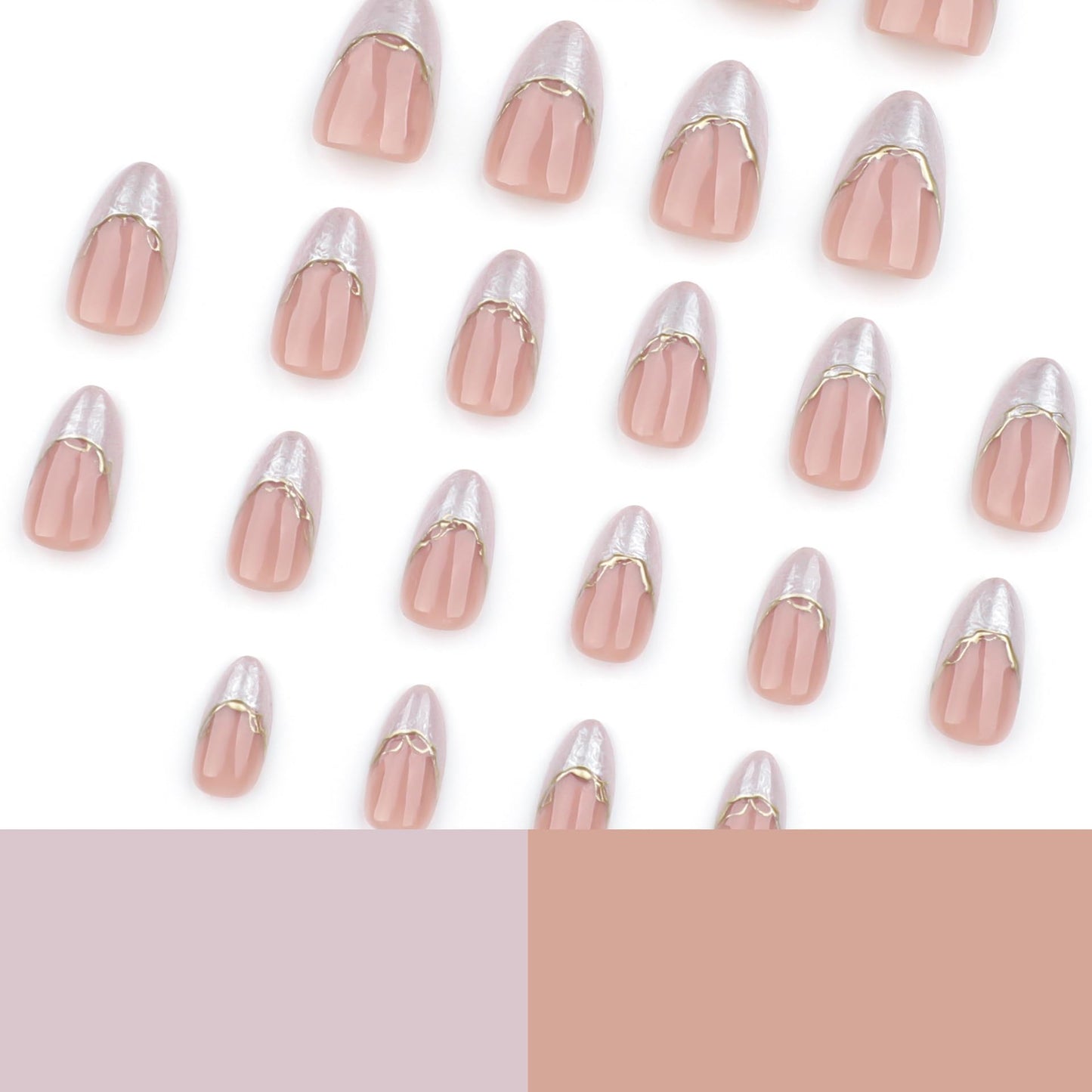 24Pcs Almond Press on Nails Medium White Smudge Fake Nails French Tip Acrylic False Nails with Gold 3D Stripe Designs Nude Pink Glue on Nails Reusable Fake Nails for Women