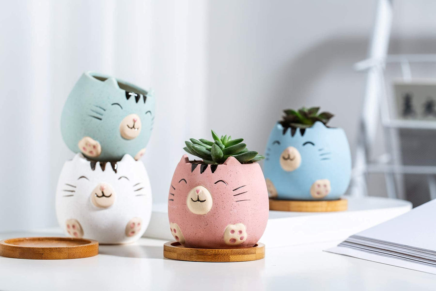 6Pack 3.4inch Small Ceramic Animal Planter Pots for Baby Succulent with Drainage and Bamboo Tray (Matte Cats)
