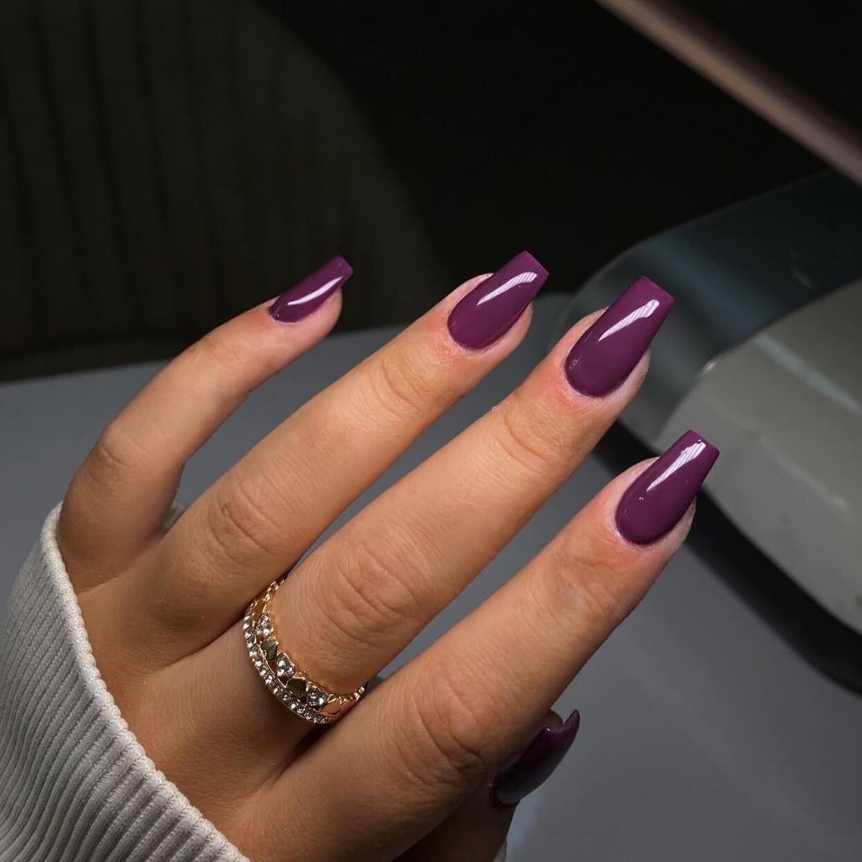 KQueenest Purple Press on Nails Long Medium Square, Berry Fake Nails Medium Coffin, Glossy Sheer Color Acrylic Nails Press ons, Reusable Dark Soft Gel Glue on Nails for Women DIY Manicure