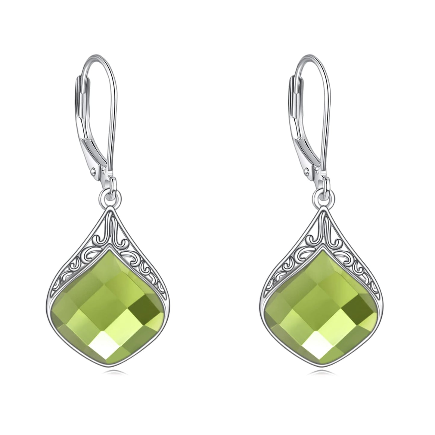 Peridot Drop Earrings Sterling Silver Green Crystal Teardrop Dangle Earrings Filigree Irish Jewelry Christmas Gifts for Women