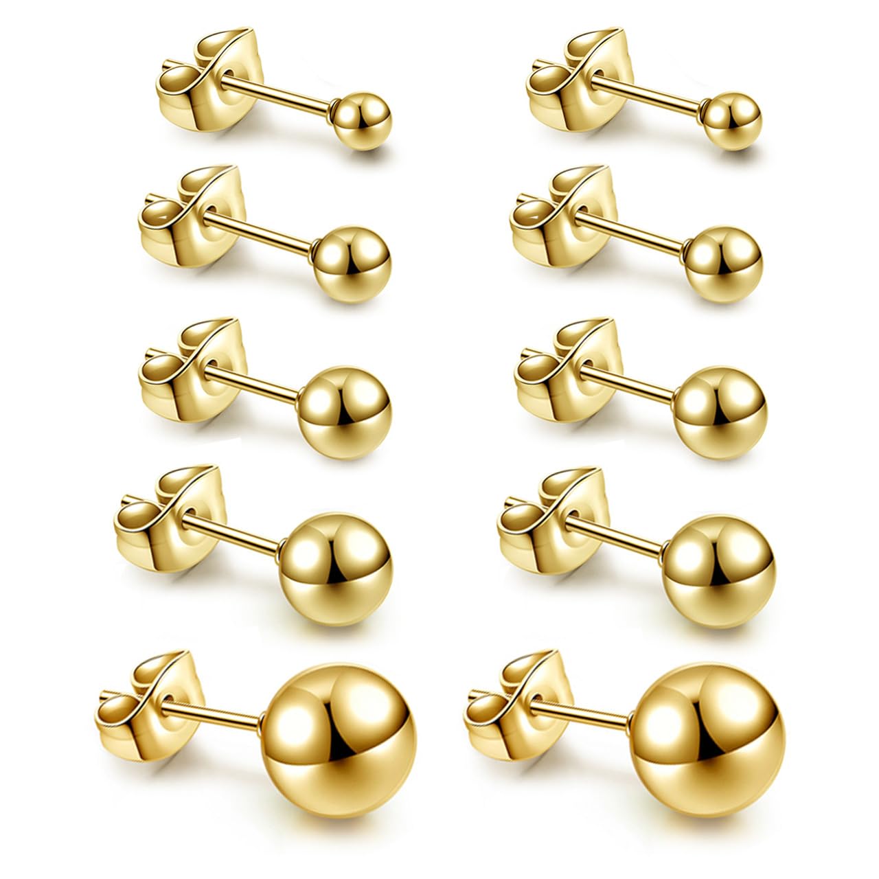 Top Plaza 10Pcs Hypoallergenic Stainless Steel Round Ball Earrings for Women Men Studs Earring Set 3mm-8mm(Gold)