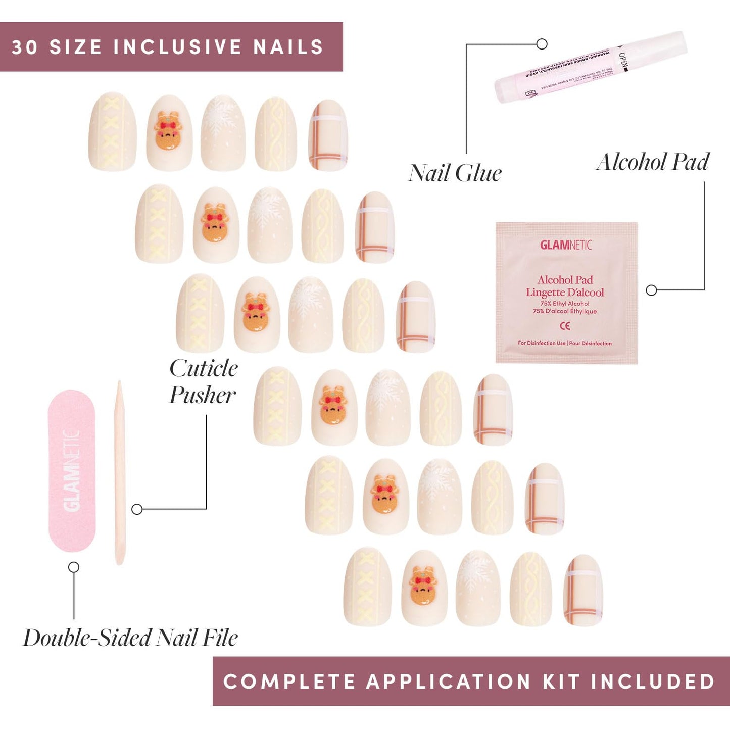 Glamnetic Press On Nails – Gingerbread Knit | Short Oval Fake Nails with 3D Gingerbread Sweater Design, Glossy & Matte Finish, Salon Quality Holiday Nails | 15 Sizes, 30 Nail Kit