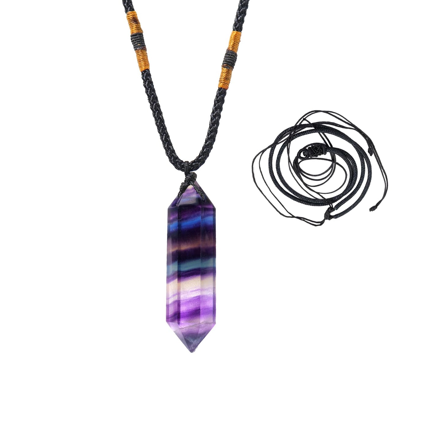 Runyangshi Rainbow Fluorite Healing Crystal Pendants, Double Pointed Natural Crystal Quartz Necklace 6 Faceted Chakra Crystal Wand Stone
