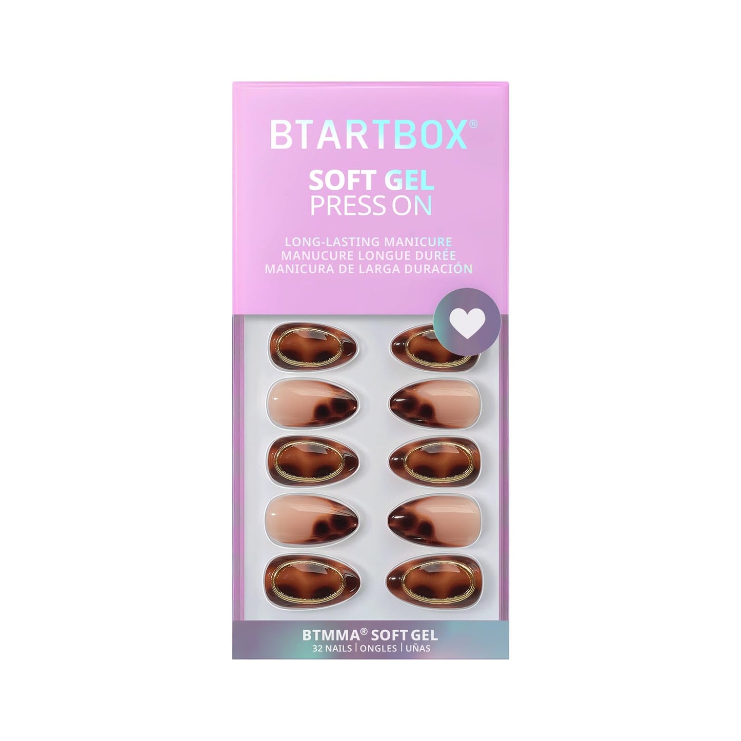BTArtbox Press On Nails Almond - Amber Hoops, Tortoise Shell Short French Tip Press On Nails with Glue and Adhesive Tabs for Women, Soft Gel Glue On Nails in 16 Sizes - 32 Stick On Nails Kit