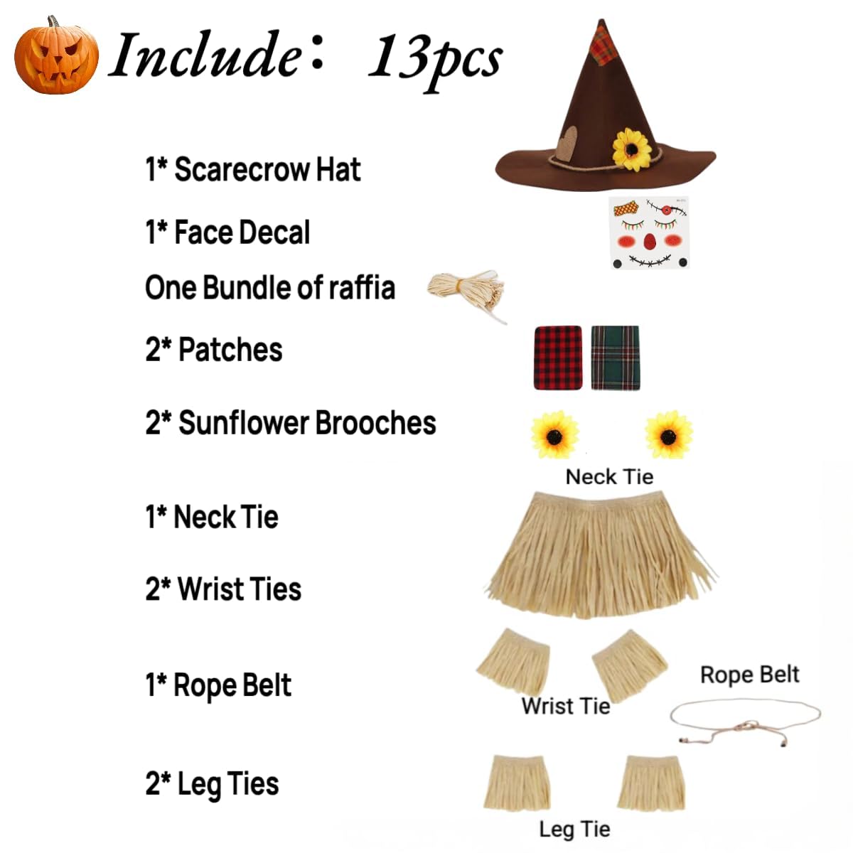 Lunaryvo Scarecrow Costume, Scarecrow Hat Raffia Straw Kit Face Decals Sunflower Patchwork Halloween Harvest Accessories (Brown-13pcs)