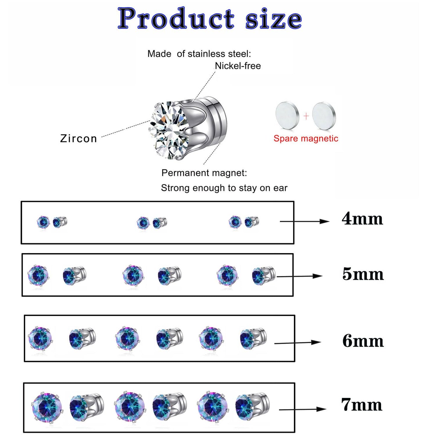Spiritlele 12 Pairs Colorful Small Big Cubic Zirconia Magnetic Earrings Clip on Non Piercing Earrings Set Unisex 4MM-7MM