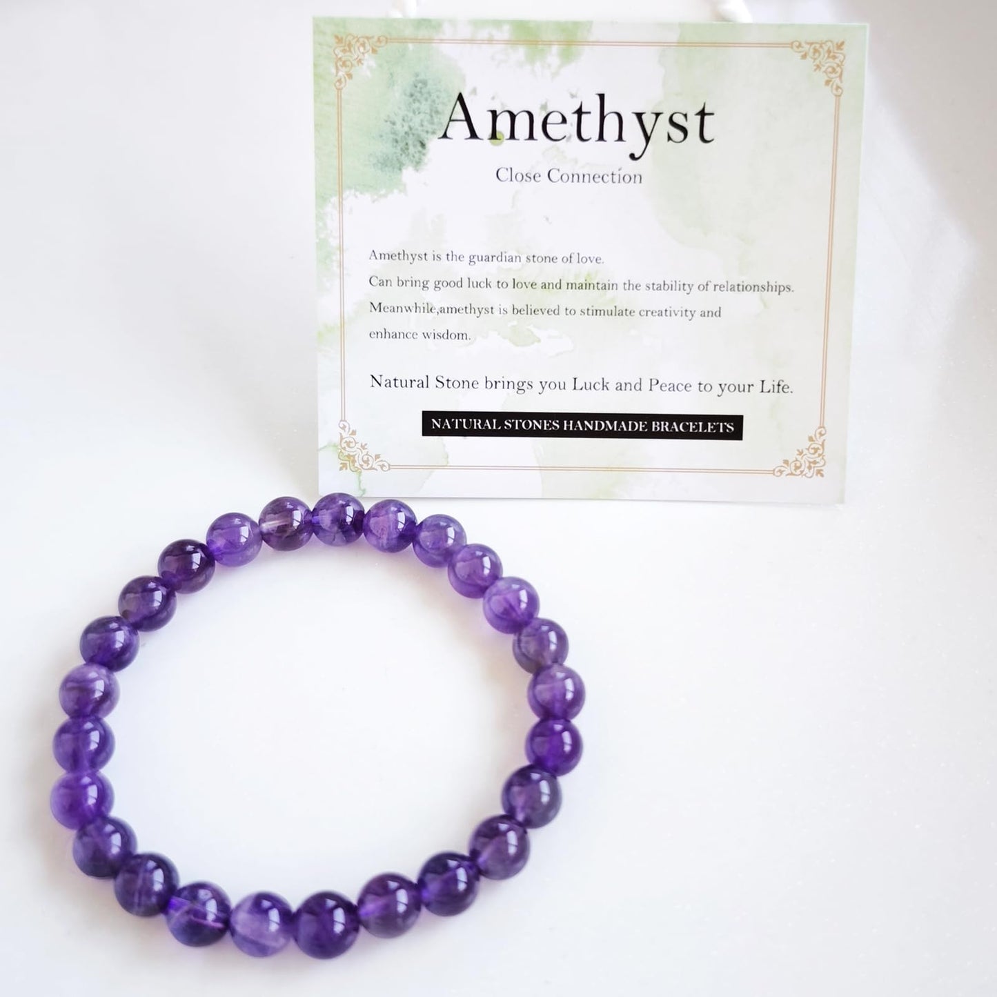 Handmade Natural Gemstone Elastic Bracelet - Healing Crystal Beads Jewelry, Unisex (Amethyst, 8mm)