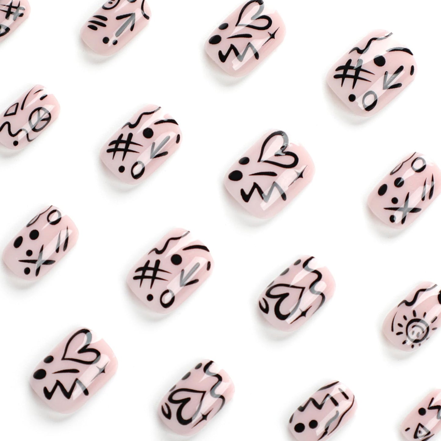 Short Squoval Abstract Doodle Press On Nails, Black Line Art Fake Nails for Women, Reusable Stick On Nails, Short Glossy Nude False Nails, Trendy Graphic Nail Designs