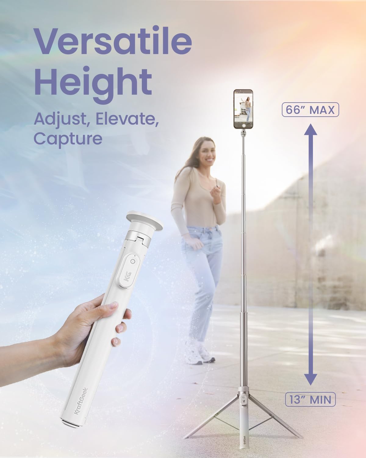 KraftGeek Magnetic Phone Tripod for iPhone MagSafe – 66'' Automatic Selfie Stick with Remote, Portable Tripod Stand for Video Recording, Travel, Vlogging (White)