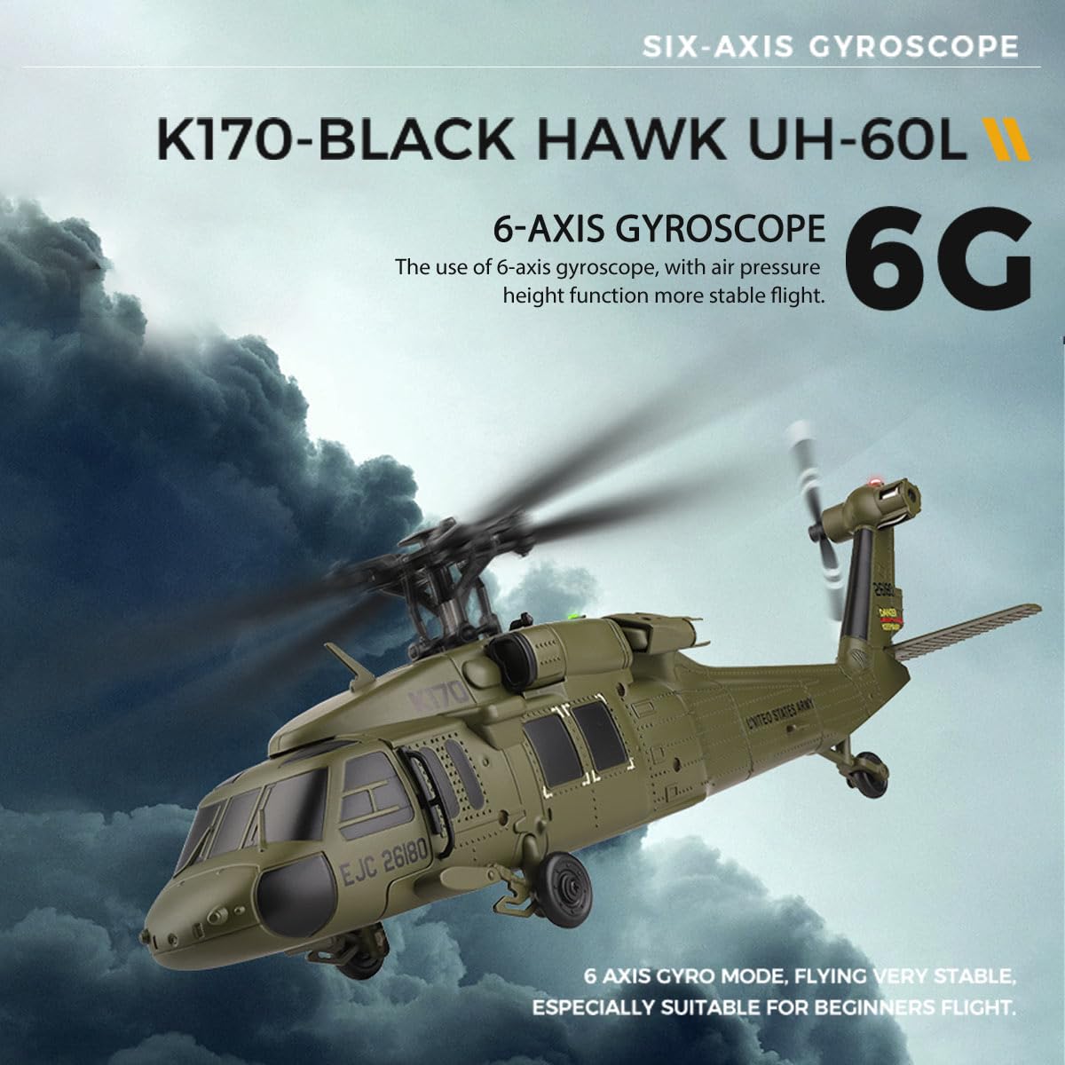Razordon WL K170 BK Hawk RC Helicopter, 2.4G 4CH Flybarless 6-Axis Gyroscope Altitude Hovering RC Military Helicopter with Display Stand and Apron Takeoff Landing Pads (RTF Version)