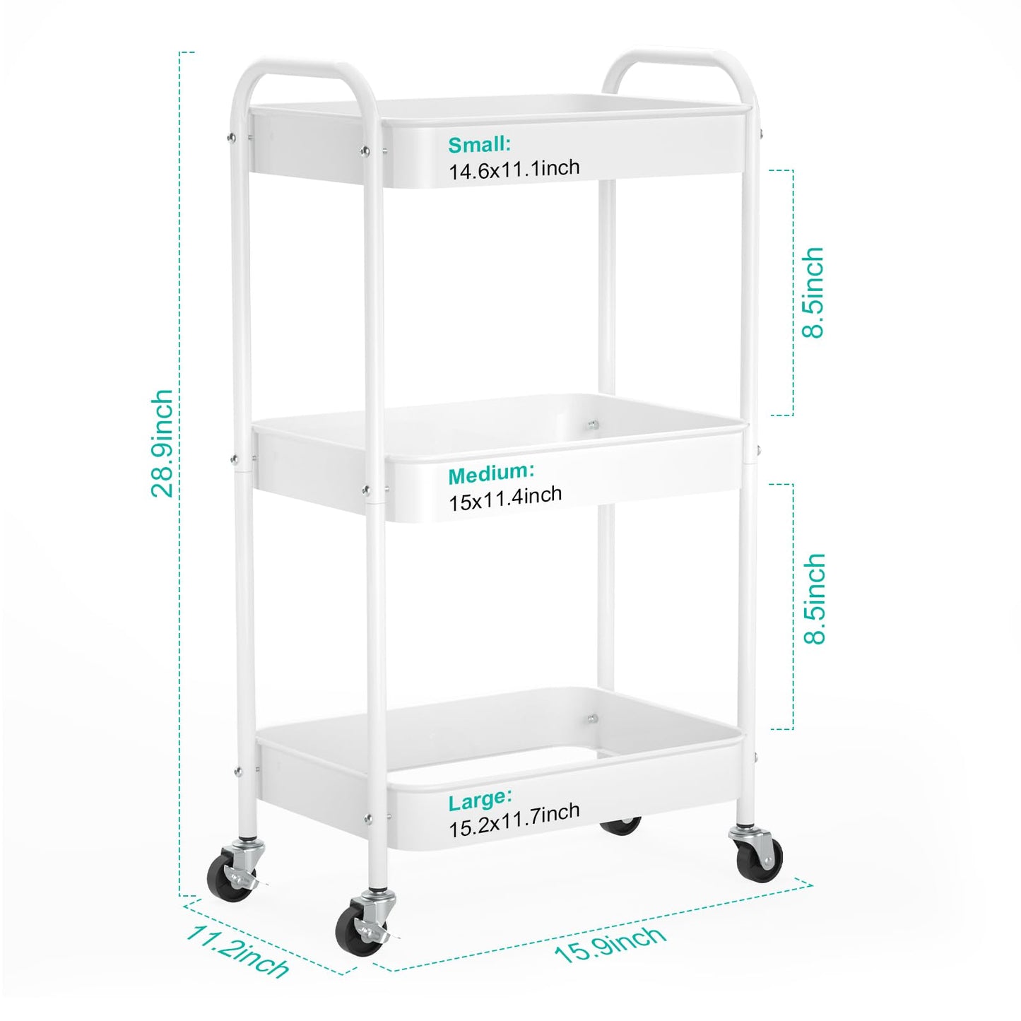 PNVXNUS 3-Tier Rolling Metal Storage Cart with Wheels, Multi-Functional Organizer for Office, Kitchen, Bathroom, Books Diapers - Easy Assembly (White)