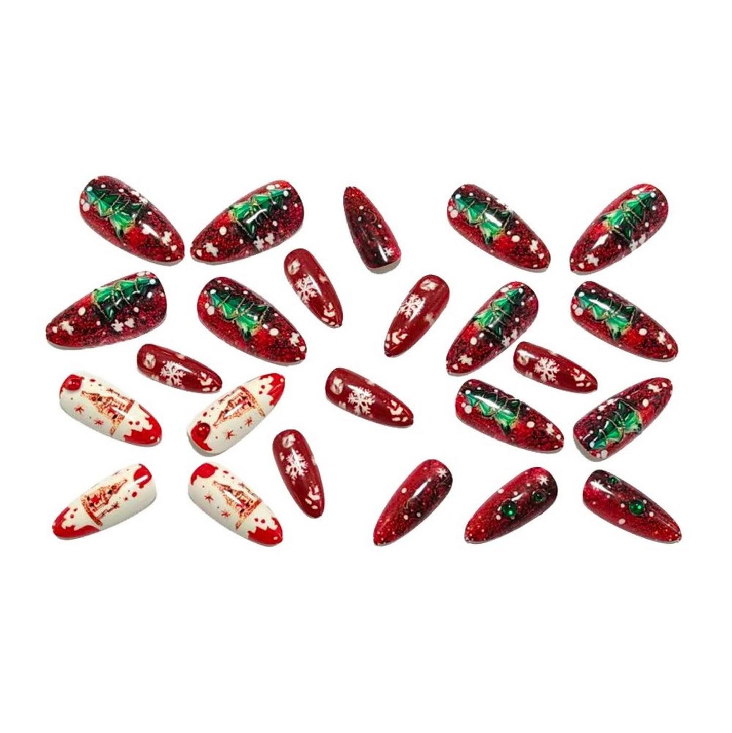 24 Pcs Christmas Press on Nails Medium Almond Fake Nails Red Glitter French and Christmas Tree Acrylic Nails New Year Snowflake Xmas False Nail for Women Manicure Decoration