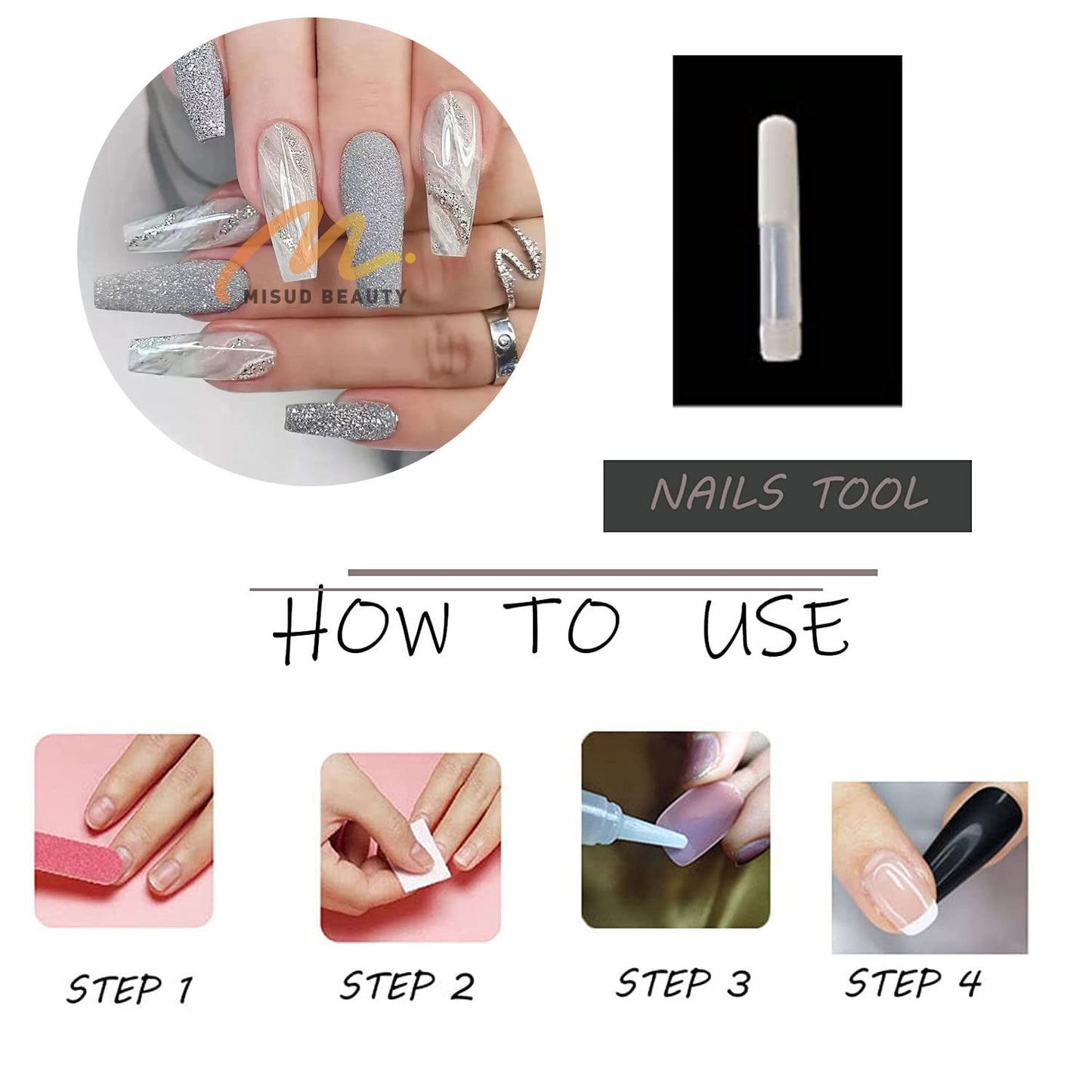 MISUD Press on Nails - Long Coffin Glue on Nails with Gray Ombre, Acrylic Bling Glitter Design 24 pcs