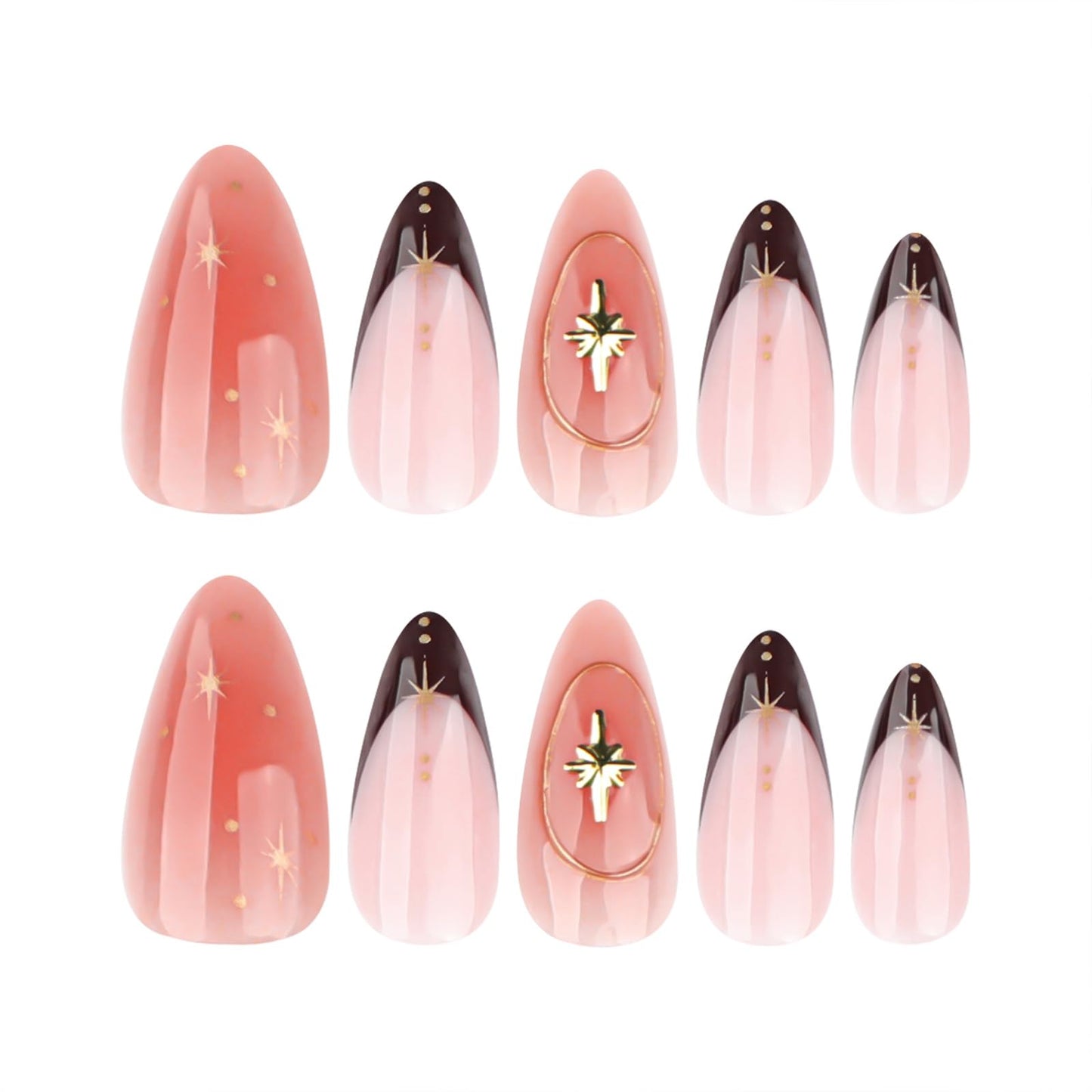 Mivota Medium Press On Nails Almond– 3D Gold Star Accent Brown French Tips, 24Pcs Reusable Acrylic Fake Nails, Glossy Stick On Nails with Designer Details, DIY Manicure Kit with Glue & Tools for Women